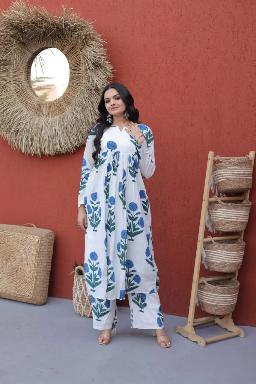 Off-White and Blue Floral Printed Kurti Pant Set.